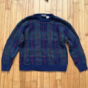 VTG Northern Reflections Plaid Knit Sweater Men's Medium Blue Green Cable Knit